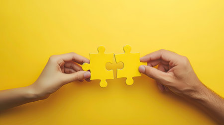 Holding puzzle. Closeup hand of connecting jigsaw puzzle. Business solutions, success and strategy concept. Two hands trying to connect couple puzzle piece on yellow background. Teamwork concept.の素材