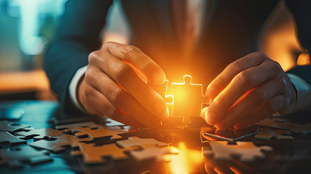 Young businessman trying to put back missing jigsaw puzzle piece with light golden glow effect . Business strategy concept.の素材