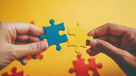 Holding puzzle. Closeup hand of connecting jigsaw puzzle. Business solutions, success and strategy concept. Two hands trying to connect couple puzzle piece on yellow background. Teamwork concept.の素材