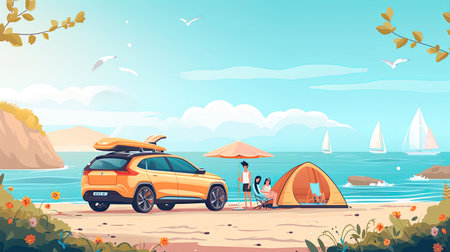 Family vacation trip traveling by the beach with electric car, happy family recharge EV car, enjoying outdoor camping coffee. Seascape travel and eco-friendly car for clean environment. Perpetual.の素材