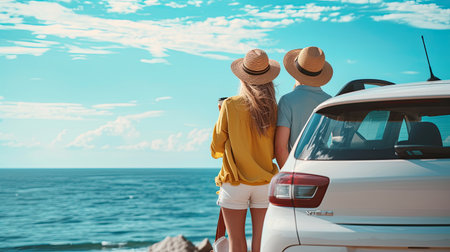 Family vacation trip traveling by the beach with electric car, happy family recharge EV car, enjoying outdoor camping coffee. Seascape travel and eco-friendly car for clean environment. Perpetual.の素材
