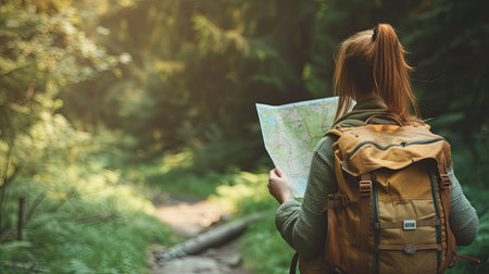 Female backpacking open map and hiking nature travel. The concept of a happy life after retirement. Copy space.の素材