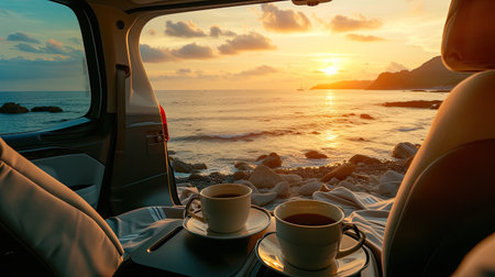 Family vacation trip traveling by the beach with Happy family enjoying outdoor camping coffee. Seascape travel.の素材