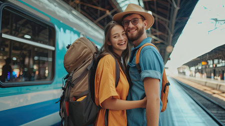 Happy young couple travellers together on vacation at the train station, travel concept, couple concept.の素材