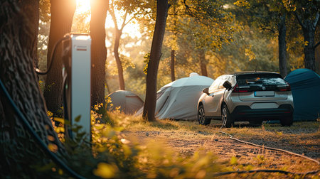 Outdoor adventure and family vacation camping in nature travel by eco friendly car for sustainable future. Lovely family recharge EV car with EV charging station in campsite. Perpetual.の素材