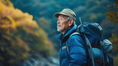 Senior man backpacking hiking Nature travel He is healthy. The concept of a happy life after retirement . Copy space.の素材