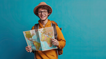 Happy backpacker tourist opening map to travel on summer vacation isolated on blue background.の素材