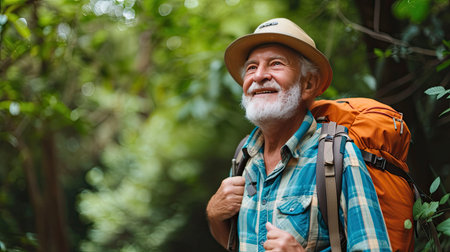 Senior man backpacking hiking Nature travel He is healthy. The concept of a happy life after retirement . Copy space.の素材