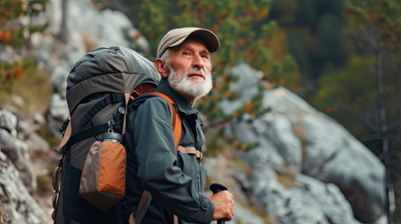Senior man backpacking hiking Nature travel He is healthy. The concept of a happy life after retirement . Copy space.の素材