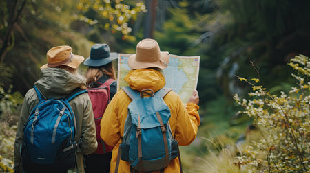 Group of tourist backpacking open map and hiking nature travel. The concept of a happy life after retirement . Copy space.の素材