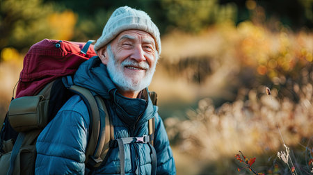 Senior man backpacking hiking Nature travel He is healthy. The concept of a happy life after retirement . Copy space.の素材