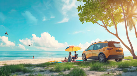 Family vacation trip traveling by the beach with electric car, happy family recharge EV car, enjoying outdoor camping coffee. Seascape travel and eco-friendly car for clean environment. Perpetual.の素材