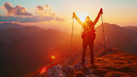 traveller in mountains with a backpack and trekking poles rejoices at the top during a beautiful sunset.の素材