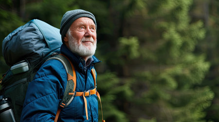 Senior man backpacking hiking Nature travel He is healthy. The concept of a happy life after retirement . Copy space.の素材