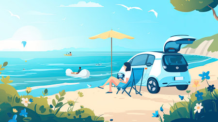 Family vacation trip traveling by the beach with electric car, happy family recharge EV car, enjoying outdoor camping coffee. Seascape travel and eco-friendly car for clean environment. Perpetual.の素材