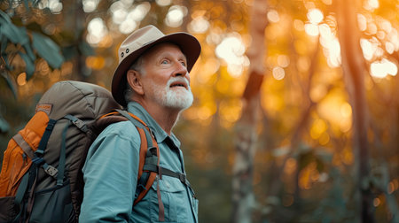 Senior man backpacking hiking Nature travel He is healthy. The concept of a happy life after retirement . Copy space.の素材