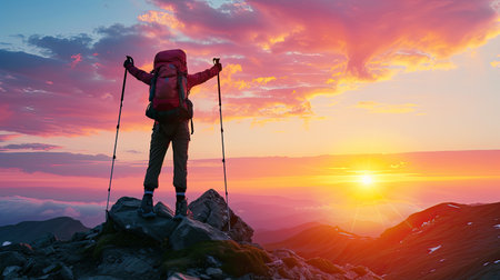 traveller in mountains with a backpack and trekking poles rejoices at the top during a beautiful sunset.の素材