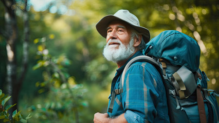 Senior man backpacking hiking Nature travel He is healthy. The concept of a happy life after retirement . Copy space.の素材