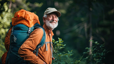 Senior man backpacking hiking Nature travel He is healthy. The concept of a happy life after retirement . Copy space.の素材