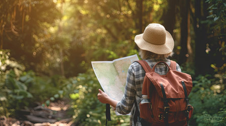 Female backpacking open map and hiking nature travel. The concept of a happy life after retirement. Copy space.の素材