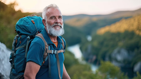 Senior man backpacking hiking Nature travel He is healthy. The concept of a happy life after retirement . Copy space.の素材
