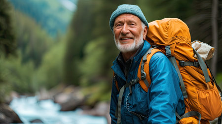 Senior man backpacking hiking Nature travel He is healthy. The concept of a happy life after retirement . Copy space.の素材