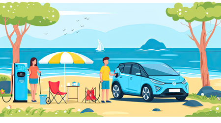 Family vacation trip traveling by the beach with electric car, happy family recharge EV car, enjoying outdoor camping coffee. Seascape travel and eco-friendly car for clean environment. Perpetual.の素材