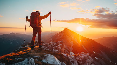 traveller in mountains with a backpack and trekking poles rejoices at the top during a beautiful sunset.の素材