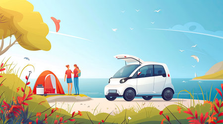 Family vacation trip traveling by the beach with electric car, happy family recharge EV car, enjoying outdoor camping coffee. Seascape travel and eco-friendly car for clean environment. Perpetual.の素材