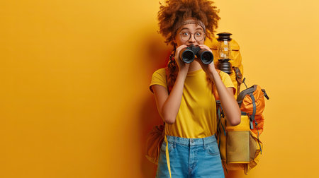 Horizontal shot of curious female backpacker explores tourist destination, uses binoculars, dressed in active wear, holds kerosene lamp carries traveling items with rucksack isolated over yellow wall.の素材