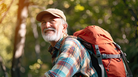 Senior man backpacking hiking Nature travel He is healthy. The concept of a happy life after retirement . Copy space.の素材
