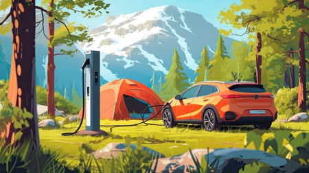 Outdoor adventure and family vacation camping in nature travel by eco friendly car for sustainable future. Lovely family recharge EV car with EV charging station in campsite. Perpetual.の素材