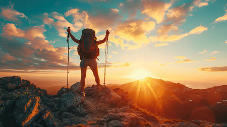 traveller in mountains with a backpack and trekking poles rejoices at the top during a beautiful sunset.の素材