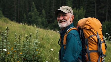 Senior man backpacking hiking Nature travel He is healthy. The concept of a happy life after retirement . Copy space.の素材
