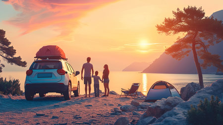 Family vacation trip traveling by the beach with electric car, happy family recharge EV car, enjoying outdoor camping coffee. Seascape travel and eco-friendly car for clean environment. Perpetual.の素材