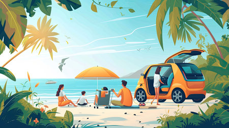 Family vacation trip traveling by the beach with electric car, happy family recharge EV car, enjoying outdoor camping coffee. Seascape travel and eco-friendly car for clean environment. Perpetual.の素材