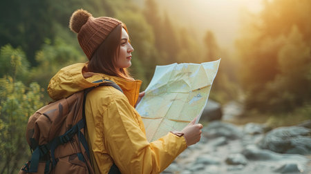 Female backpacking open map and hiking nature travel. The concept of a happy life after retirement. Copy space.の素材