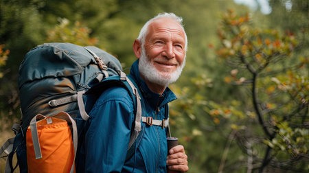 Senior man backpacking hiking Nature travel He is healthy. The concept of a happy life after retirement . Copy space.の素材