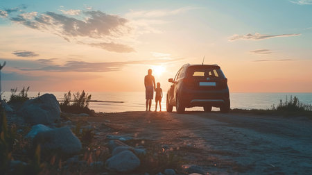 Family vacation trip traveling by the beach with electric car, happy family recharge EV car, enjoying outdoor camping coffee. Seascape travel and eco-friendly car for clean environment. Perpetual.の素材