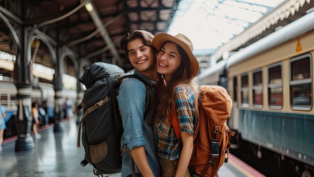 Happy young couple travellers together on vacation at the train station, travel concept, couple concept.の素材