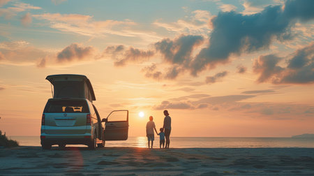 Family vacation trip traveling by the beach with electric car, happy family recharge EV car, enjoying outdoor camping coffee. Seascape travel and eco-friendly car for clean environment. Perpetual.の素材