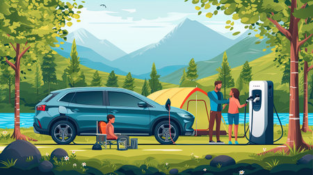 Outdoor adventure and family vacation camping in nature travel by eco friendly car for sustainable future. Lovely family recharge EV car with EV charging station in campsite. Perpetual.の素材