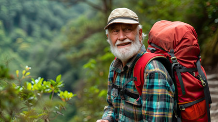 Senior man backpacking hiking Nature travel He is healthy. The concept of a happy life after retirement . Copy space.の素材
