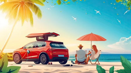 Family vacation trip traveling by the beach with electric car, happy family recharge EV car, enjoying outdoor camping coffee. Seascape travel and eco-friendly car for clean environment. Perpetual.の素材