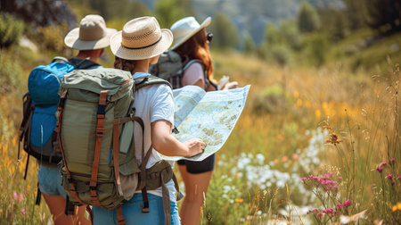 Group of tourist backpacking open map and hiking nature travel. The concept of a happy life after retirement . Copy space.の素材