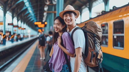 Happy young couple travellers together on vacation at the train station, travel concept, couple concept.の素材