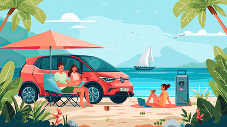 Family vacation trip traveling by the beach with electric car, happy family recharge EV car, enjoying outdoor camping coffee. Seascape travel and eco-friendly car for clean environment. Perpetual.の素材