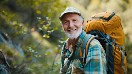 Senior man backpacking hiking Nature travel He is healthy. The concept of a happy life after retirement . Copy space.の素材