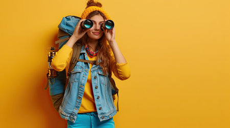 Horizontal shot of curious female backpacker explores tourist destination, uses binoculars, dressed in active wear, holds kerosene lamp carries traveling items with rucksack isolated over yellow wall.の素材