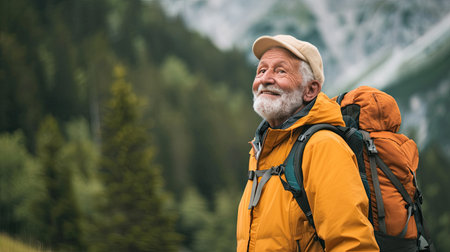 Senior man backpacking hiking Nature travel He is healthy. The concept of a happy life after retirement . Copy space.の素材